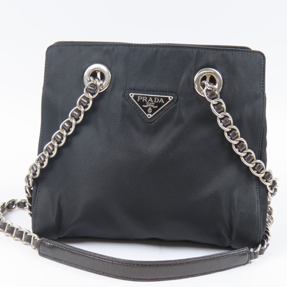 Prada Handbags - Prada Chain Shoulder Bag Triangle Logo Nylon Leather Black
